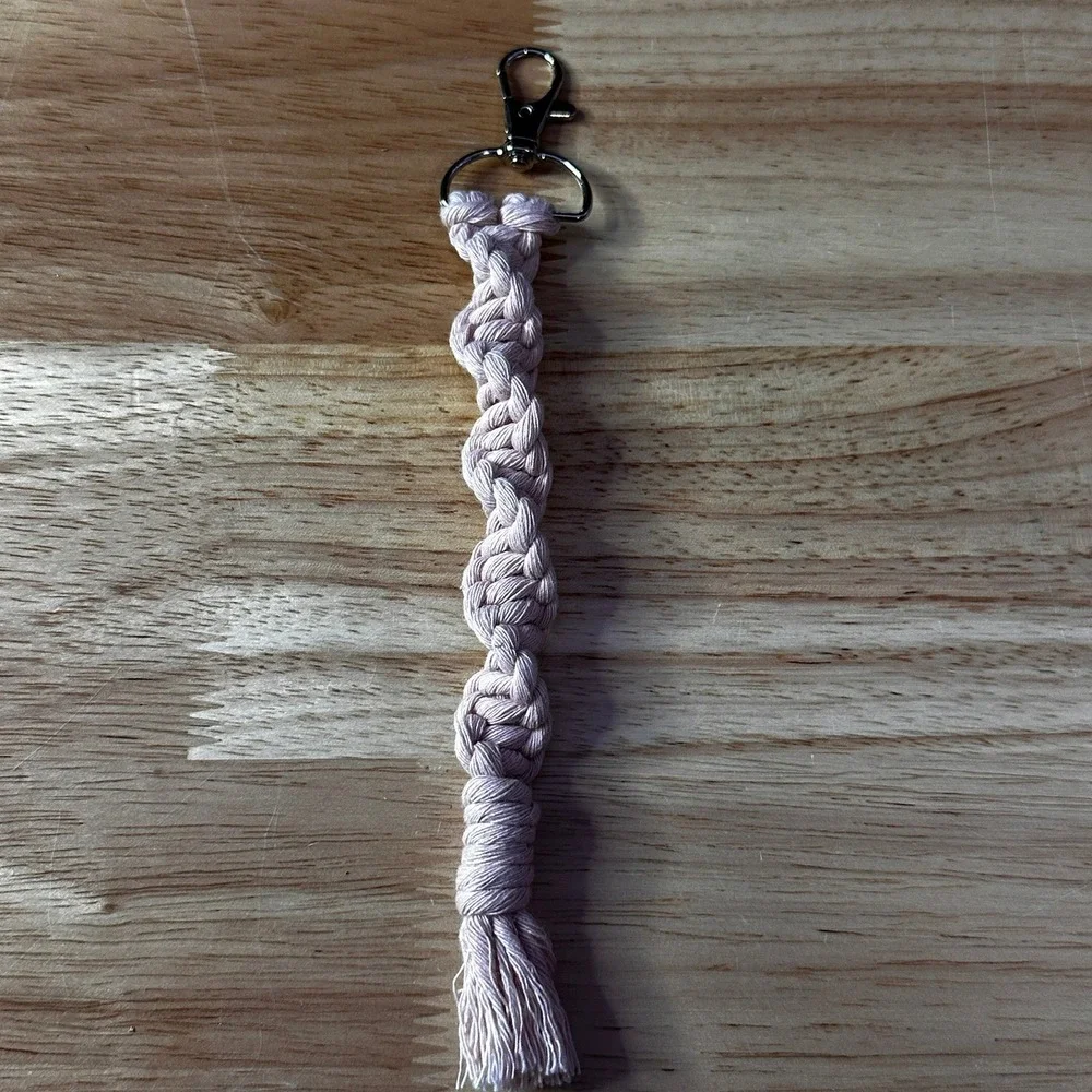 Handmade Macrame Spiral Keychain Boho Cotton Bag Charm Silver Clasp